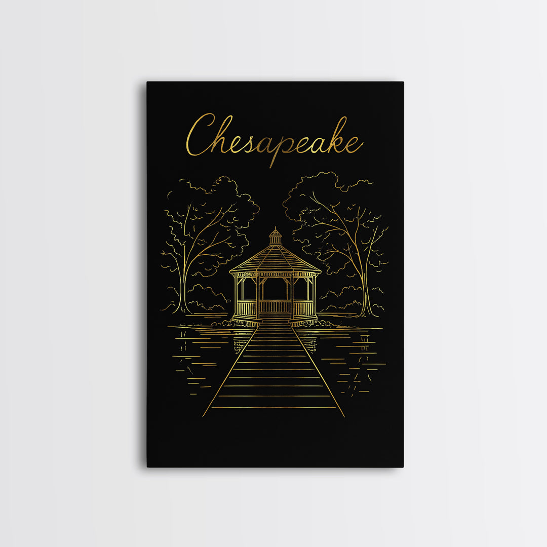 Chesapeake Travel Poster, Framed Canvas Print, Black Gold Minimalist Art, Chesapeake Art Print, Eclectic Wall Decor, Gift For Travelers