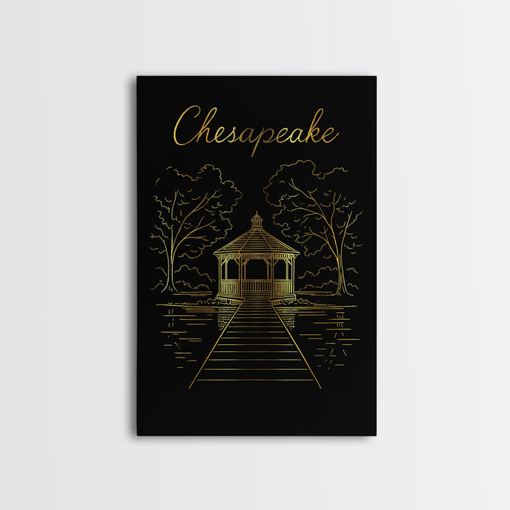 Chesapeake Travel Poster, Framed Canvas Print, Black Gold Minimalist Art, Chesapeake Art Print, Eclectic Wall Decor, Gift For Travelers