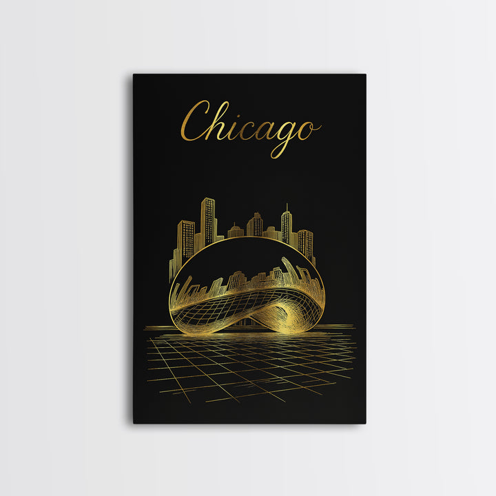 Chicago Illinois Travel Poster, Framed Canvas Print, Gold Outline Poster Art, Chicago Travel Art, Gift For Travelers, Retro Travel Print