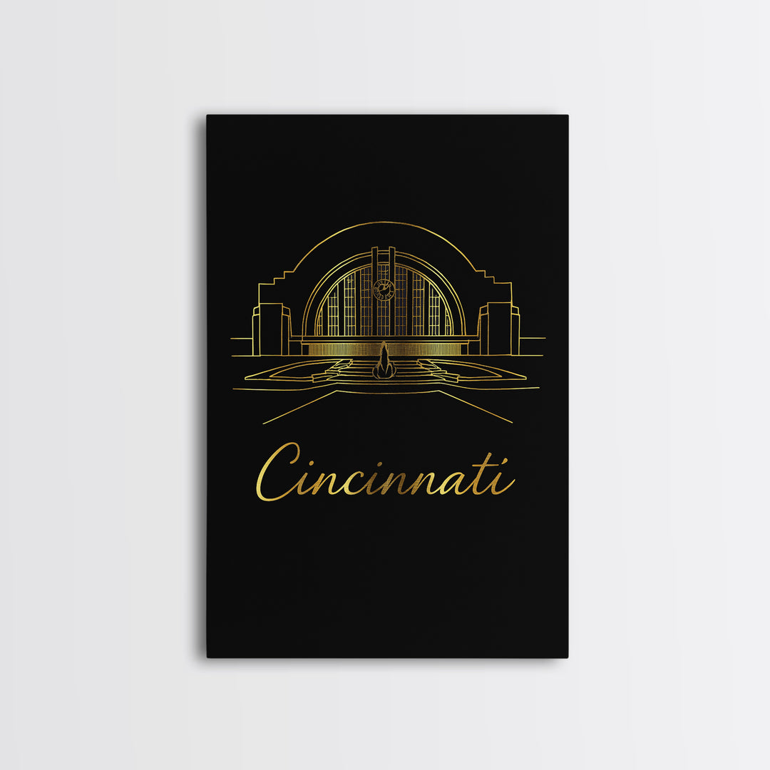 Cincinnati Ohio Travel Poster, Framed Canvas Print, Black Gold Minimalist Art, Cincinnati City Art, Fine Art Print, Living Room Wall Art