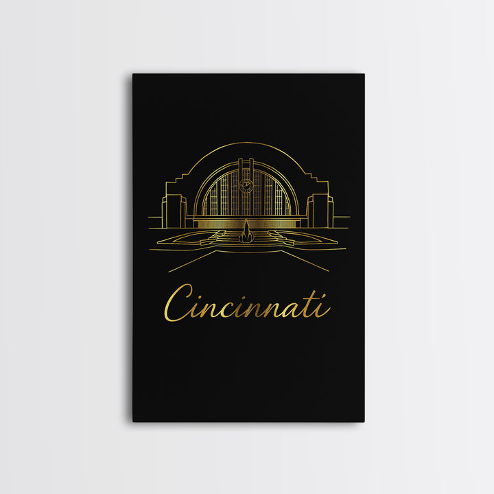 Cincinnati Ohio Travel Poster, Framed Canvas Print, Black Gold Minimalist Art, Cincinnati City Art, Fine Art Print, Living Room Wall Art