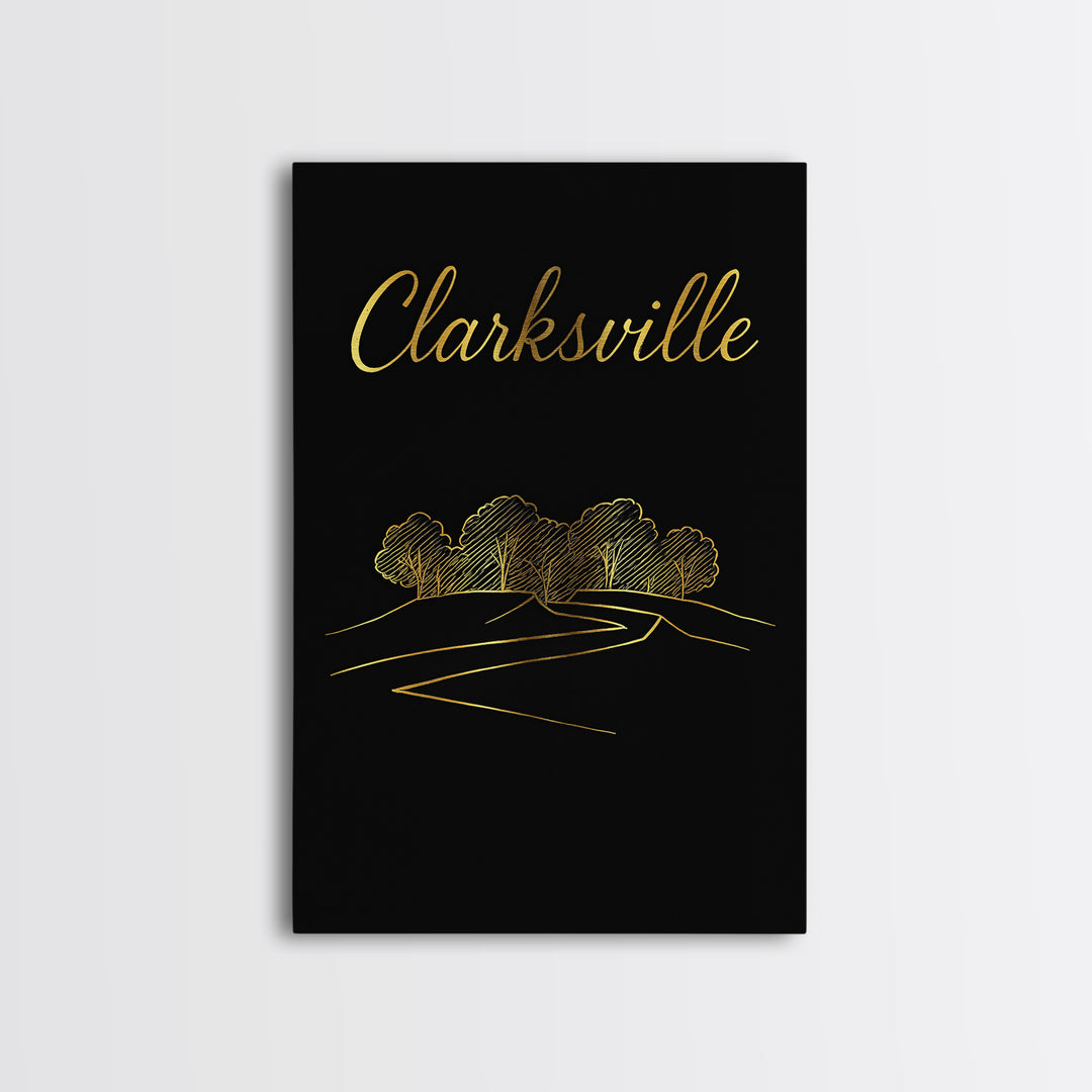 Clarksville Tennessee Travel Poster, Framed Canvas Print, Minimalist Gold Line Art, Clarksville City Art, City Art Print, Wanderlust Decor