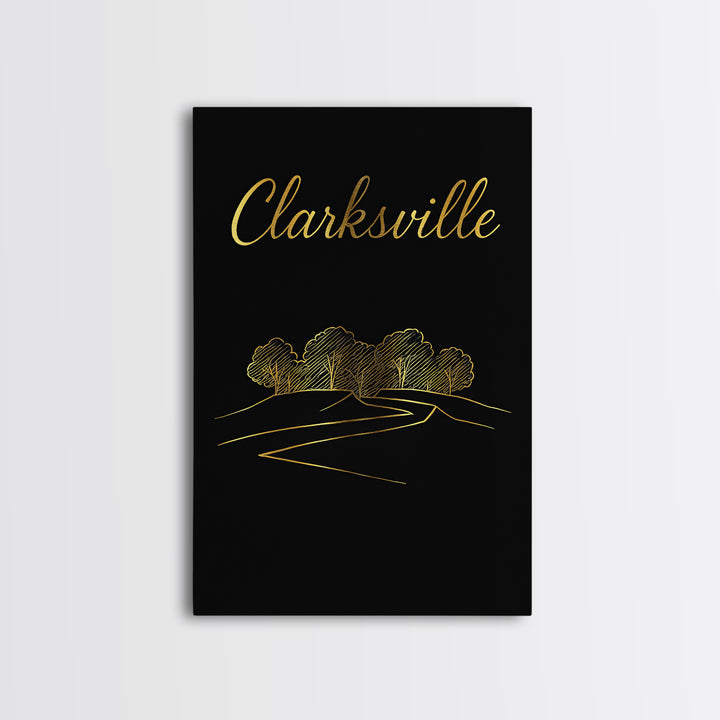 Clarksville Tennessee Travel Poster, Framed Canvas Print, Minimalist Gold Line Art, Clarksville City Art, City Art Print, Wanderlust Decor