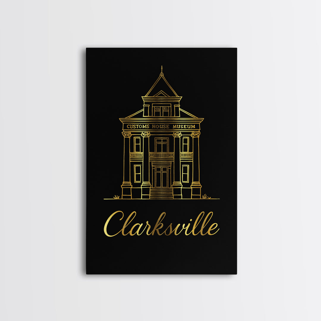 Clarksville Travel Poster, Framed Canvas Print, Gold Outline Poster Art, Clarksville Poster Print, Vintage City Art, Retro Travel Print