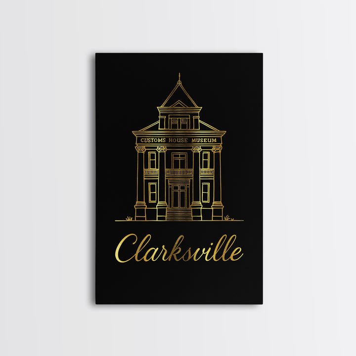 Clarksville Travel Poster, Framed Canvas Print, Gold Outline Poster Art, Clarksville Poster Print, Vintage City Art, Retro Travel Print