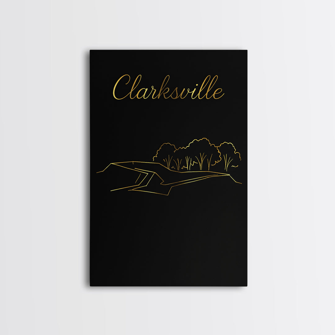 Clarksville Travel Poster, Framed Canvas Print, Black Gold Minimalist Art, Clarksville Travel Art, City Travel Prints, City Art Print