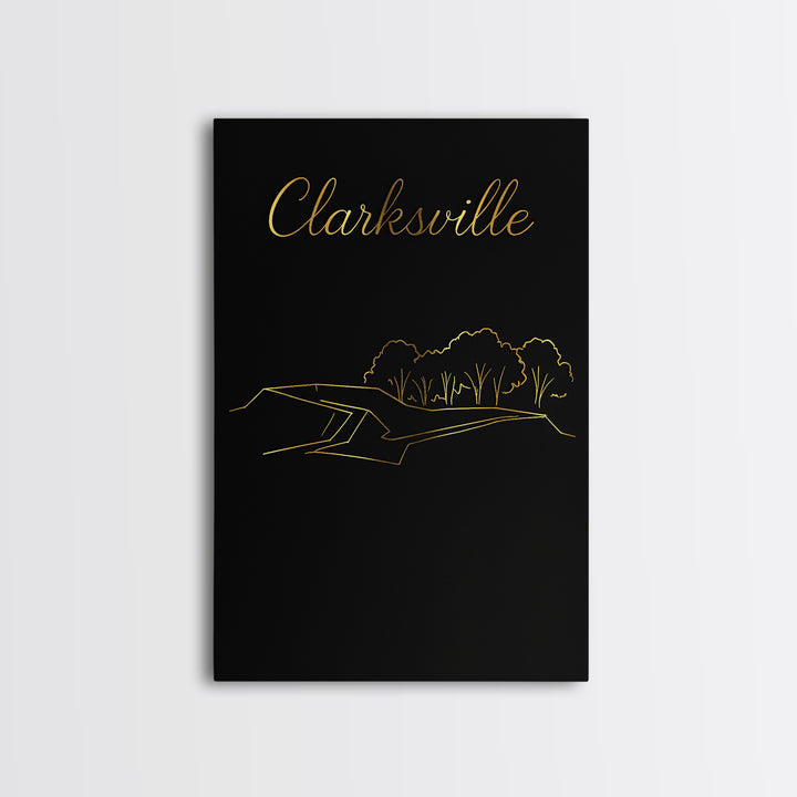 Clarksville Travel Poster, Framed Canvas Print, Black Gold Minimalist Art, Clarksville Travel Art, City Travel Prints, City Art Print