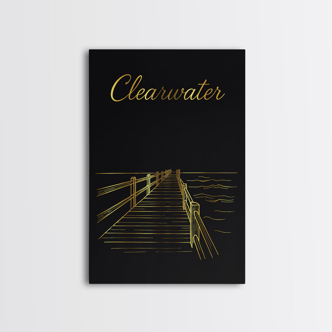 Clearwater Travel Poster, Framed Canvas Print, Gold Outline Poster Art, Clearwater Wall Art, Travel Poster Set, Modern Wall Decor