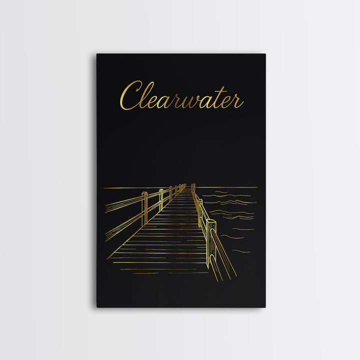 Clearwater Travel Poster, Framed Canvas Print, Gold Outline Poster Art, Clearwater Wall Art, Travel Poster Set, Modern Wall Decor