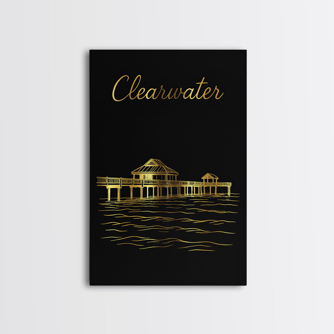 Clearwater Travel Poster, Framed Canvas Print, Gold Outline Poster Art, Clearwater Poster Print, Wanderlust Decor, City Illustration