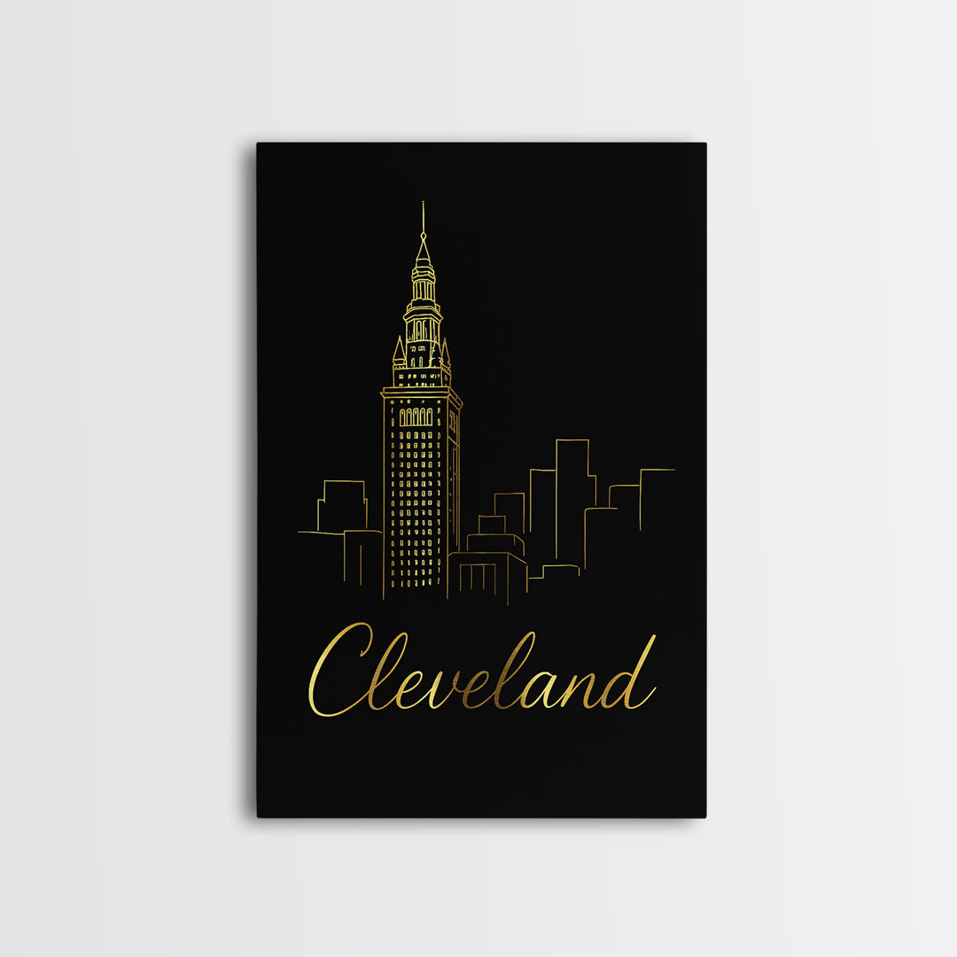 Cleveland Ohio Travel Poster, Framed Canvas Print, Minimalist Gold Line Art, Cleveland City Art, Fine Art Print, City Travel Prints