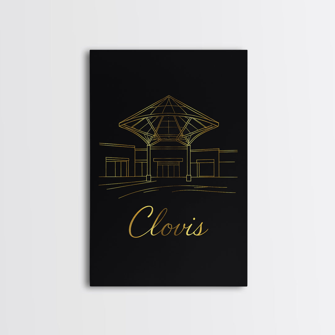 Clovis Travel Poster, Canvas Print, Gold Outline Poster Art, Clovis Travel Art, City Art Print, Mid Century Wall Art, Watercolor Skyline