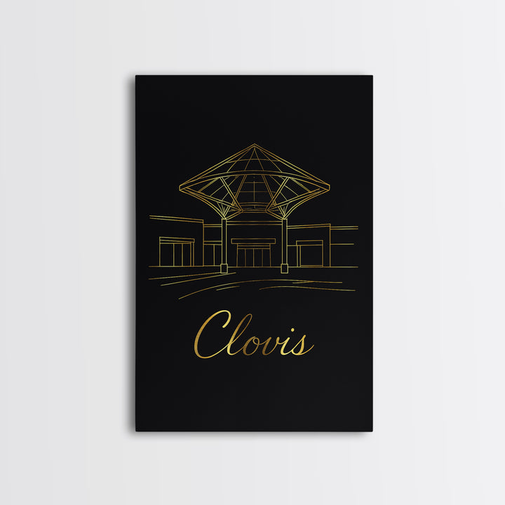 Clovis Travel Poster, Canvas Print, Gold Outline Poster Art, Clovis Travel Art, City Art Print, Mid Century Wall Art, Watercolor Skyline
