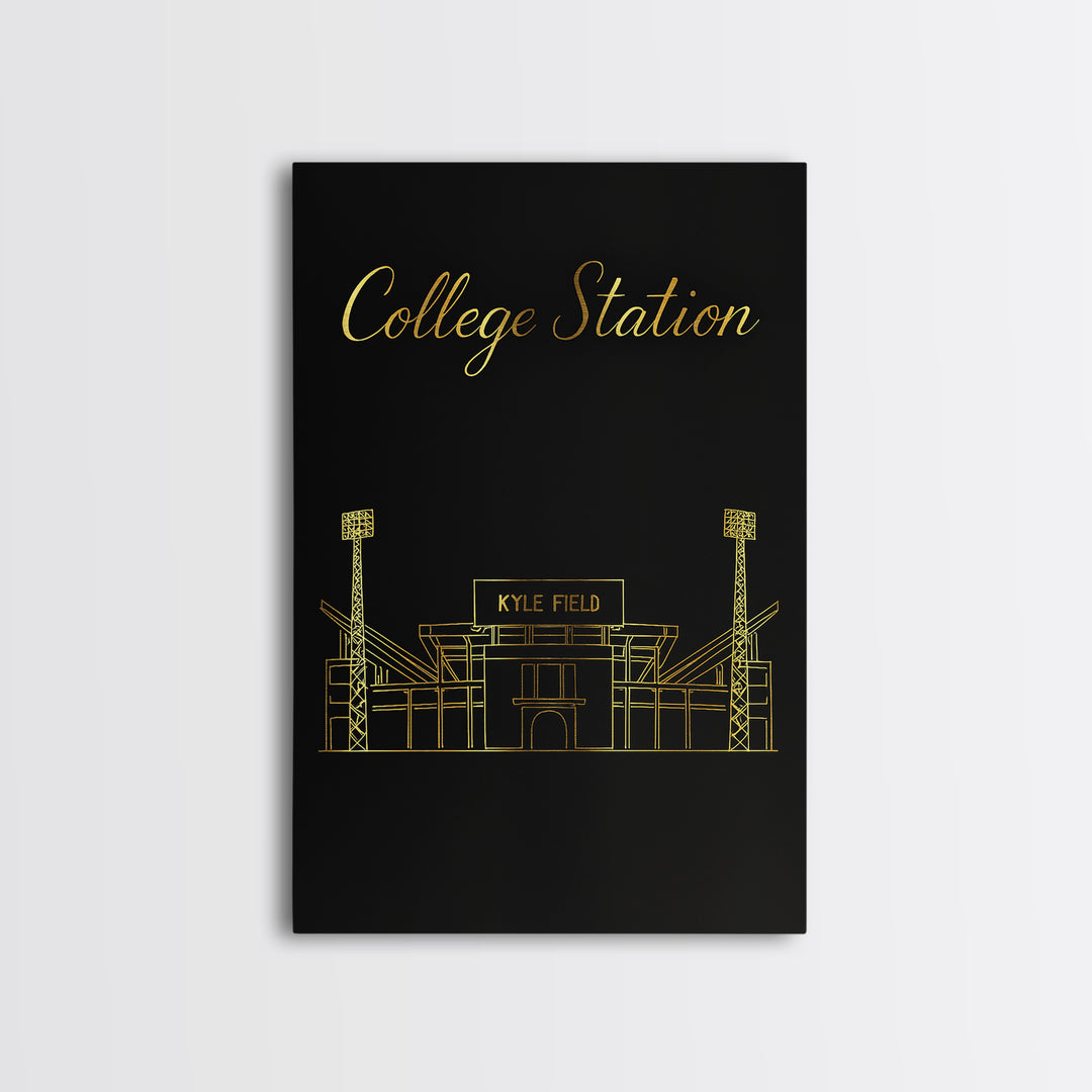 College Station Travel Poster, Framed Canvas Print, Minimalist Gold Line Art, College Station Travel Art, Watercolor Skyline