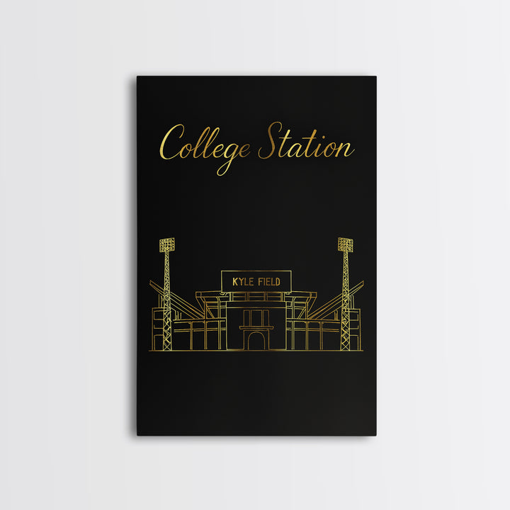 College Station Travel Poster, Framed Canvas Print, Minimalist Gold Line Art, College Station Travel Art, Watercolor Skyline