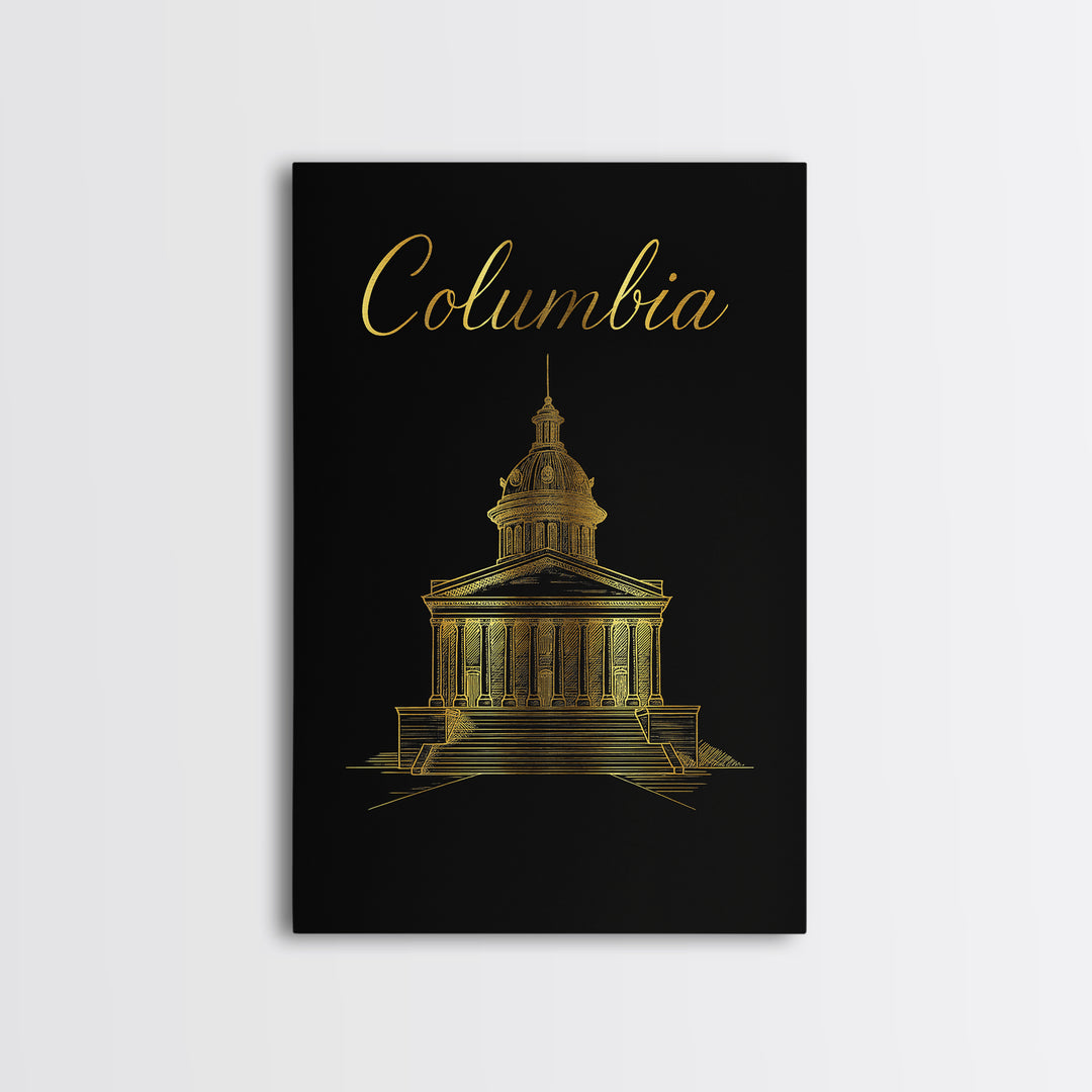 Columbia Travel Poster, Canvas Print, Minimalist Gold Line Art, Columbia City Art, City Art Print, Travel Wall Art, Wanderlust Decor