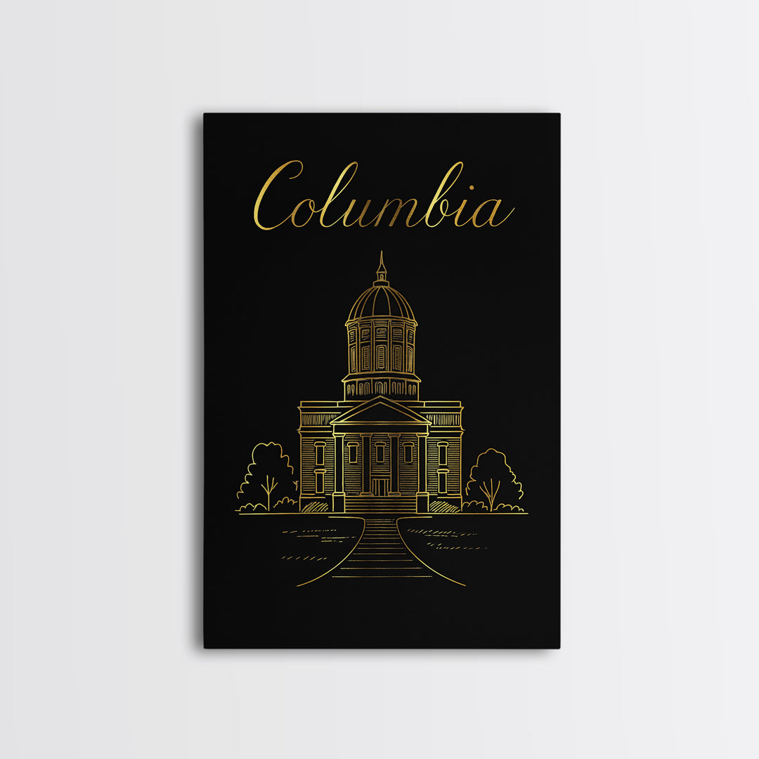 Columbia Travel Poster, Framed Canvas Print, Gold Outline Poster Art, Columbia Poster Print, City Art Print, Vintage Travel Print