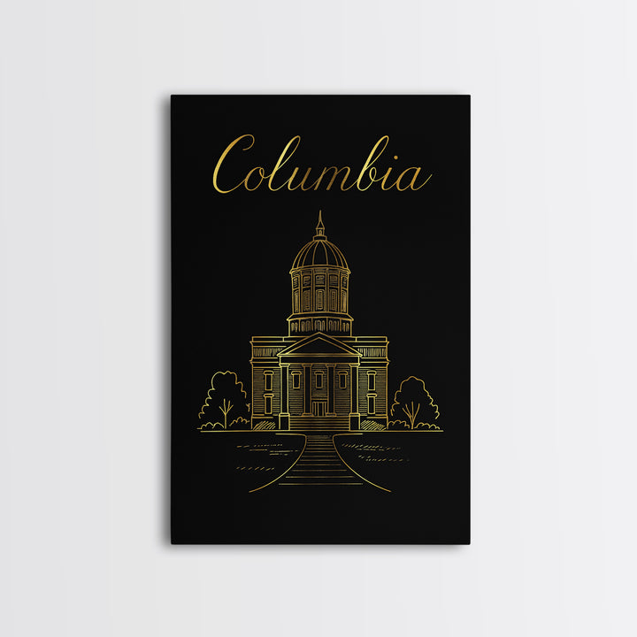 Columbia Travel Poster, Framed Canvas Print, Gold Outline Poster Art, Columbia Poster Print, City Art Print, Vintage Travel Print