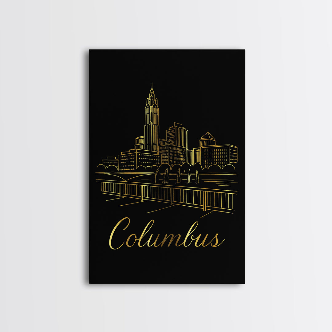 Columbus Ohio Travel Poster, Framed Canvas Print, Black Gold Minimalist Art, Columbus Travel Art, Travel Wall Art, Living Room Wall Art