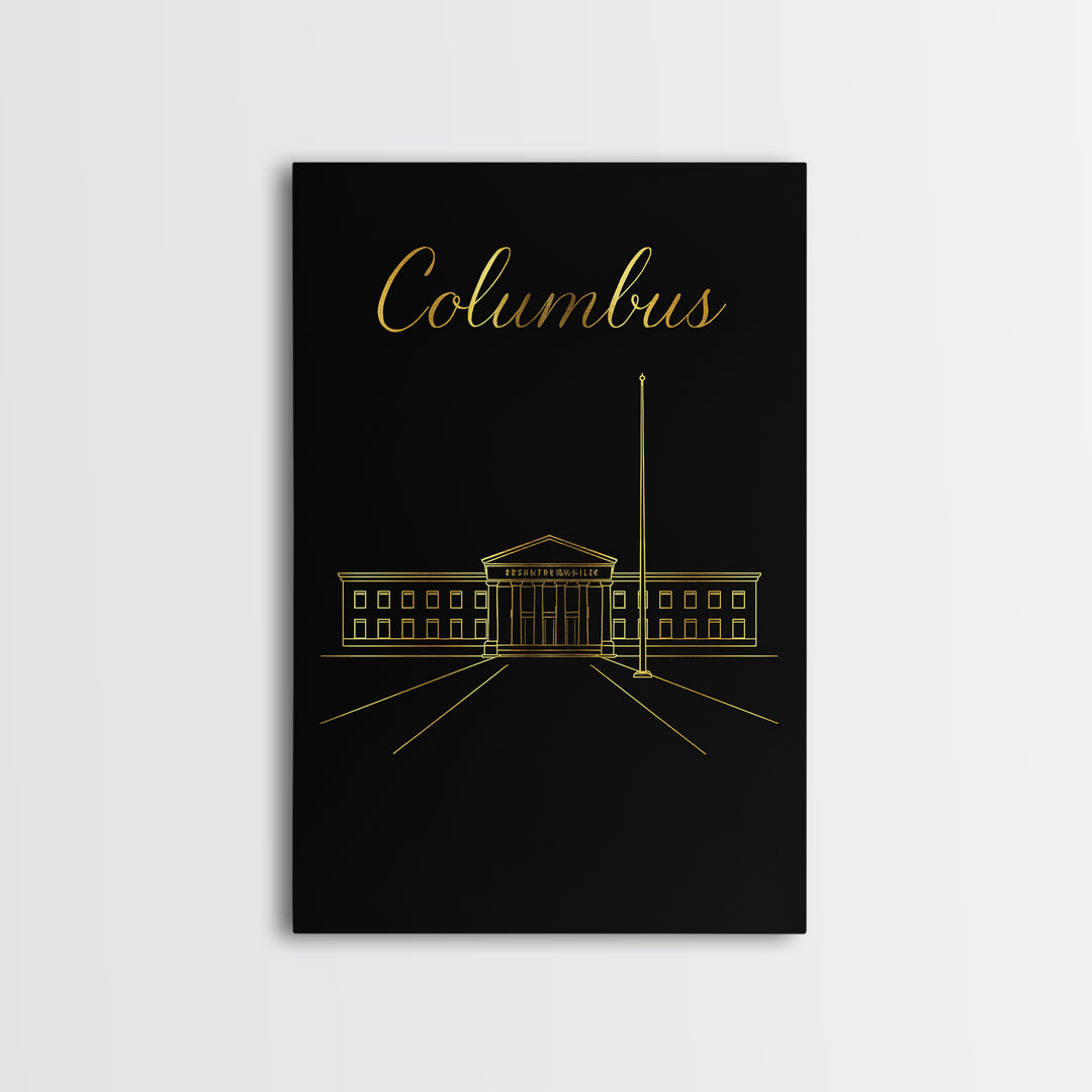 Columbus Travel Poster, Framed Canvas Print, Dark Minimalist Wall Art, Columbus Travel Art, Travel Poster Art, Mid Century Wall Art