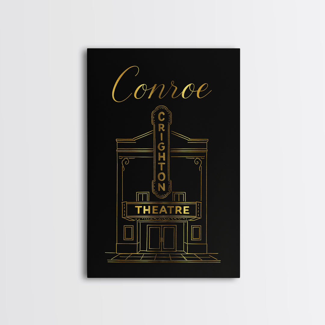 Conroe Travel Poster, Canvas Print, Gold Outline Poster Art, Conroe City Art, City Art Print, Travel Art Print, Gift For Travelers