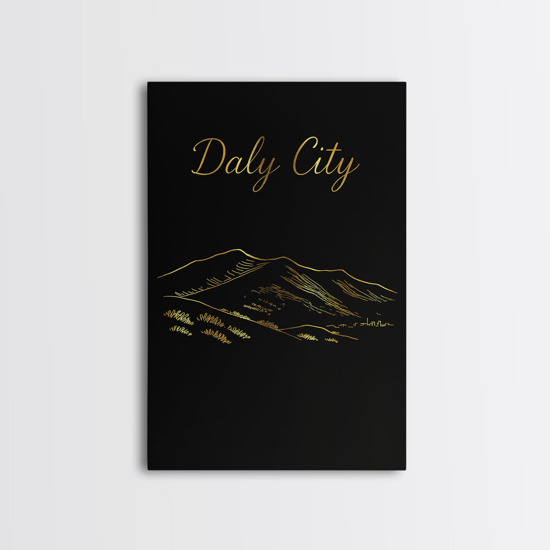 Daly City Travel Poster, Framed Canvas Print, Dark Minimalist Wall Art, Daly City City Art, Vintage Travel Print, Travel Wall Art