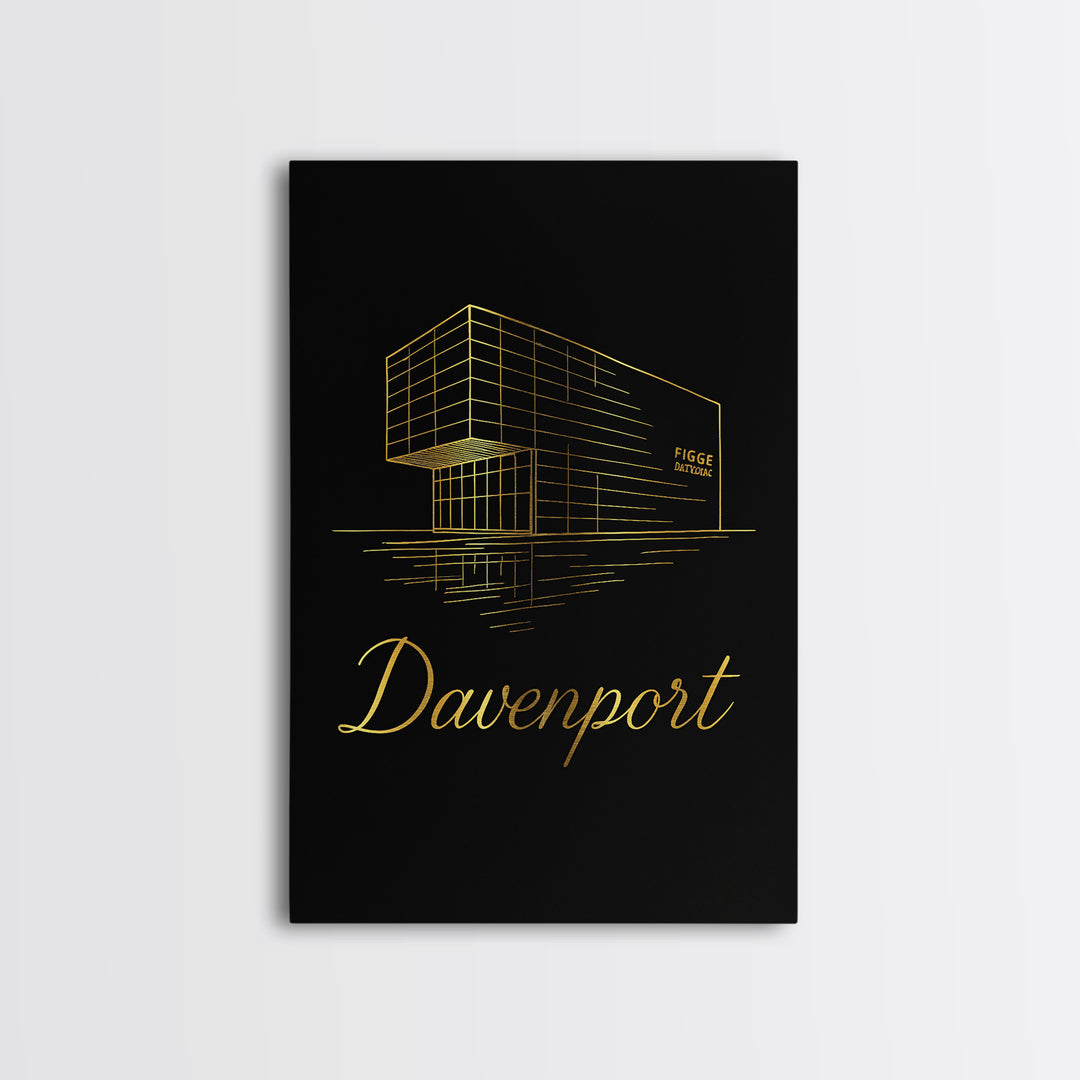 Davenport Iowa Travel Poster, Framed Canvas Print, Minimalist Gold Line Art, Davenport Wall Art, City Travel Prints, Retro Travel Print