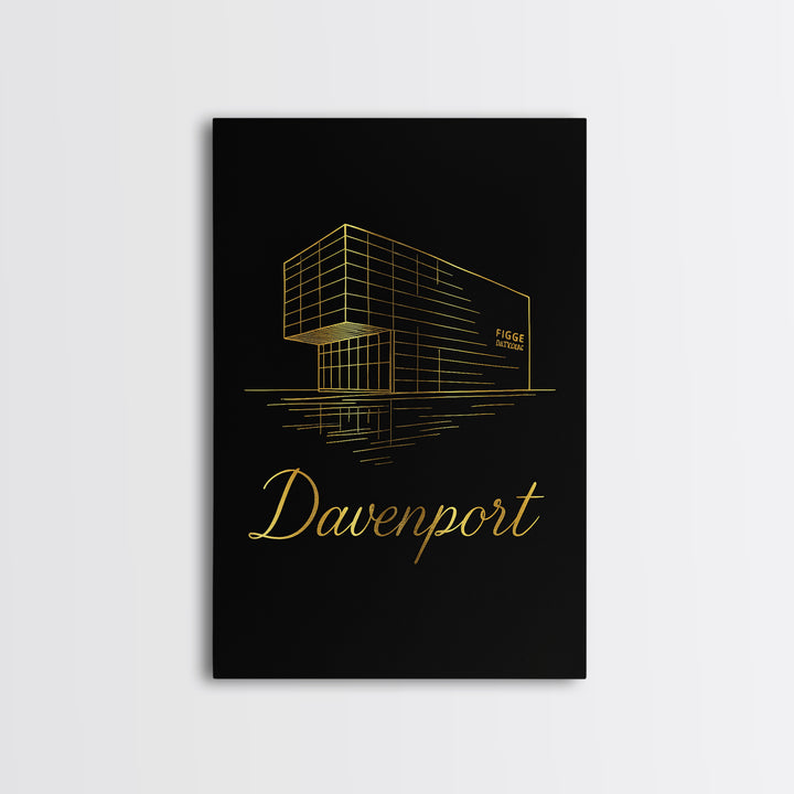 Davenport Iowa Travel Poster, Framed Canvas Print, Minimalist Gold Line Art, Davenport Wall Art, City Travel Prints, Retro Travel Print