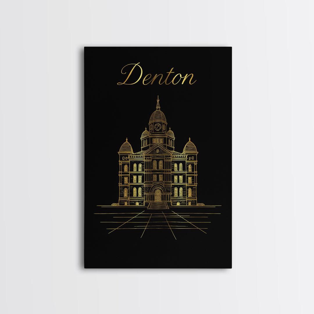 Denton Travel Poster, Framed Canvas Print, Minimalist Gold Line Art, Denton Art Print, City Art Print, Travel Poster Art, Fine Art Print