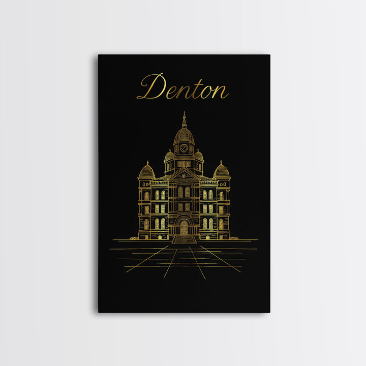 Denton Travel Poster, Framed Canvas Print, Minimalist Gold Line Art, Denton Art Print, City Art Print, Travel Poster Art, Fine Art Print