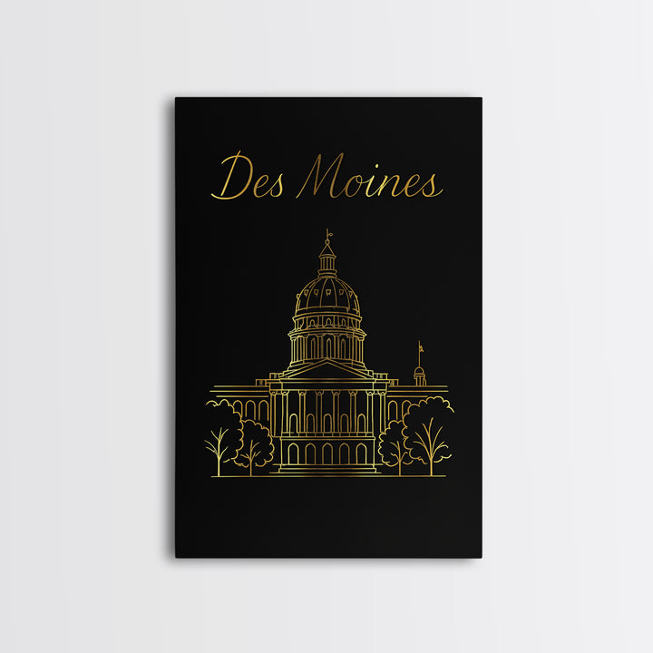 Des Moines Travel Poster, Canvas Print, Black Gold Minimalist Art, Des Moines Art Print, Home Office Decor, Fine Art Print, Retro Poster