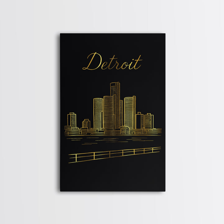Detroit Michigan Travel Poster, Canvas Print, Black Gold Minimalist Art, Detroit City Art, City Travel Prints, Wanderlust Decor, Design 1