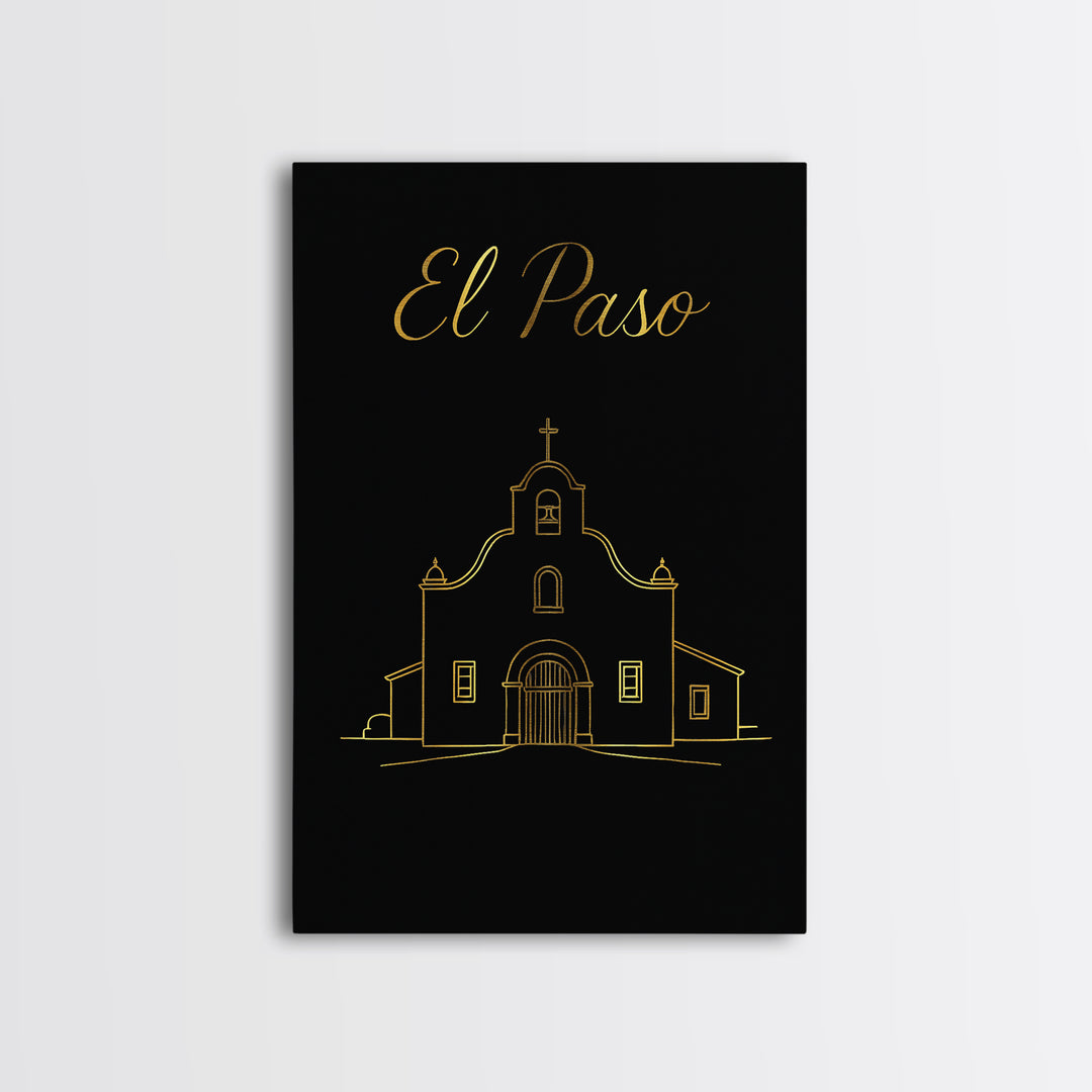 El Paso Texas Travel Poster, Canvas Print, Gold Outline Poster Art, El Paso Travel Art, City Art Print, Home Office Decor, Retro Poster