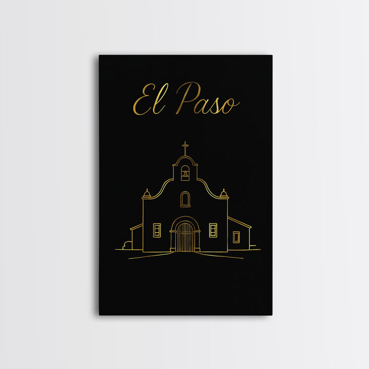 El Paso Texas Travel Poster, Canvas Print, Gold Outline Poster Art, El Paso Travel Art, City Art Print, Home Office Decor, Retro Poster