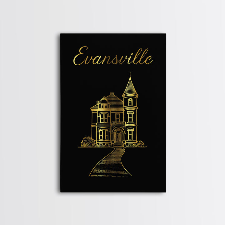 Evansville Indiana Travel Poster, Canvas Print, Minimalist Gold Line Art, Evansville Travel Art, Vintage City Art, Travel Art Print, Print