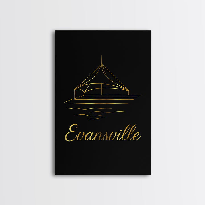 Evansville Travel Poster, Canvas Print, Gold Outline Poster Art, Evansville Poster Print, Gift For Travelers, Fine Art Print, Poster Art