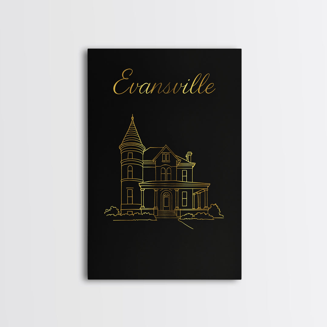 Evansville Travel Poster, Framed Canvas Print, Gold Outline Poster Art, Evansville Poster Print, Travel Wall Art, Fine Art Print