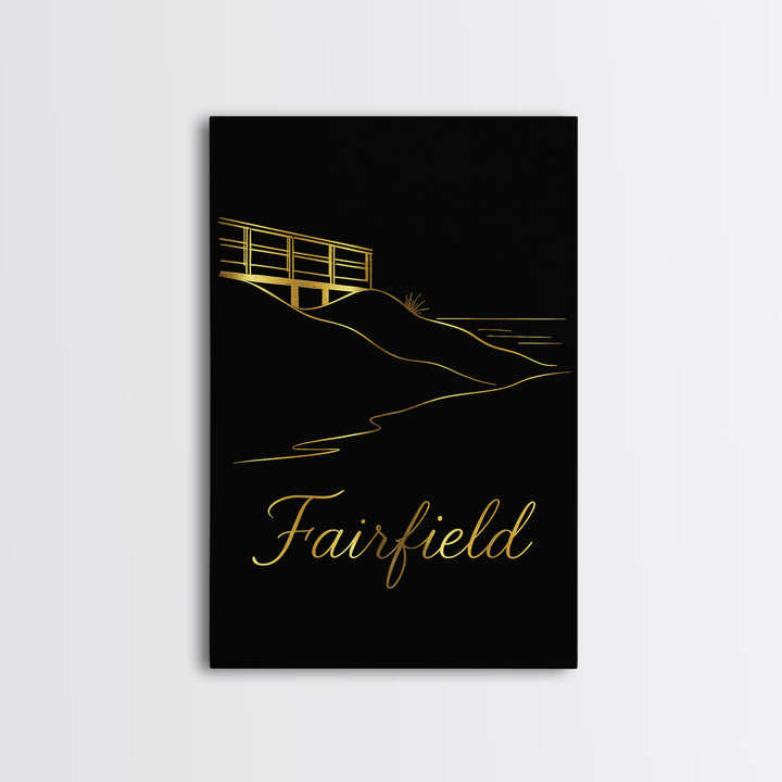 Fairfield Travel Poster, Framed Canvas Print, Gold Outline Poster Art, Fairfield Art Print, Vintage Travel Print, City Illustration