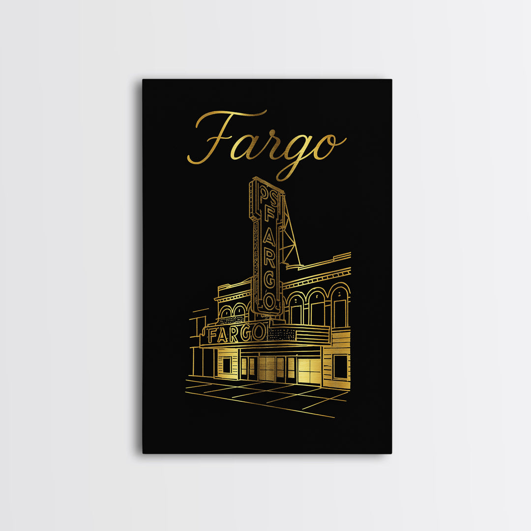 Fargo North Dakota Travel Poster, Canvas Print, Gold Outline Poster Art, Fargo City Art, Mid Century Wall Art, Fine Art Print, Wall Decor