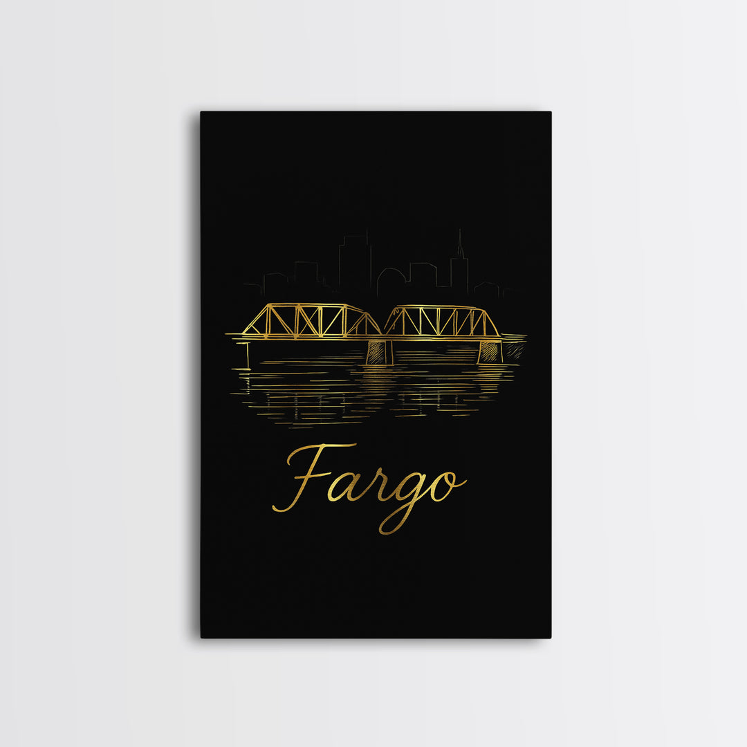 Fargo Travel Poster, Canvas Print, Gold Outline Poster Art, Fargo City Art, Travel Poster Set, Travel Art Print, Modern Wall Decor