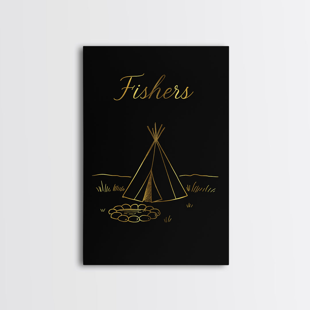 Fishers Indiana Travel Poster, Framed Canvas Print, Minimalist Gold Line Art, Fishers Poster Print, Mid Century Wall Art, Modern Wall Decor