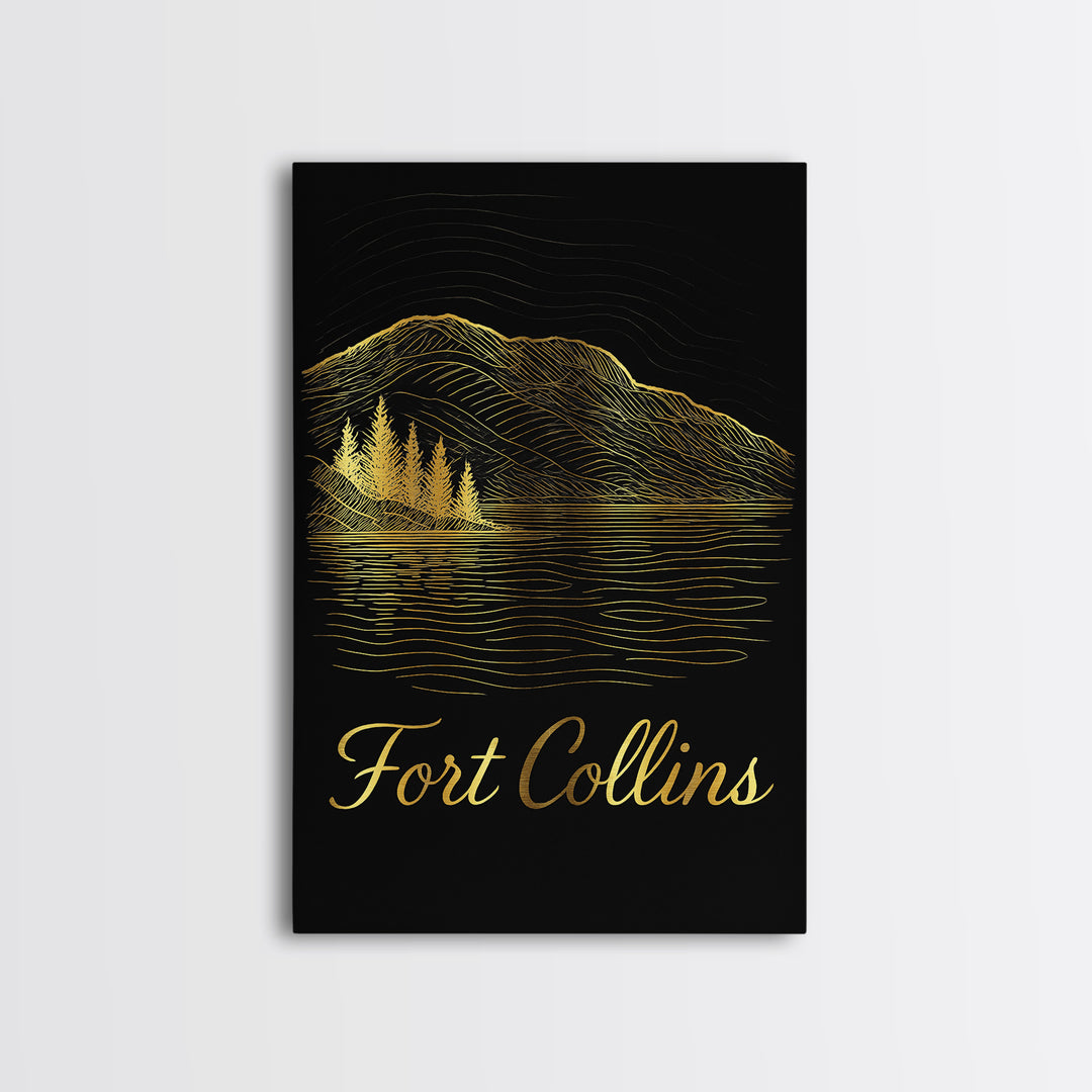 Fort Collins Travel Poster, Framed Canvas Print, Black Gold Minimalist Art, Fort Collins Wall Art, City Art Print, Fine Art Print