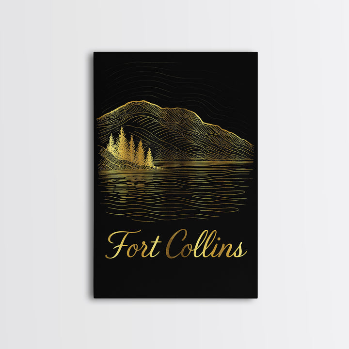 Fort Collins Travel Poster, Framed Canvas Print, Black Gold Minimalist Art, Fort Collins Wall Art, City Art Print, Fine Art Print