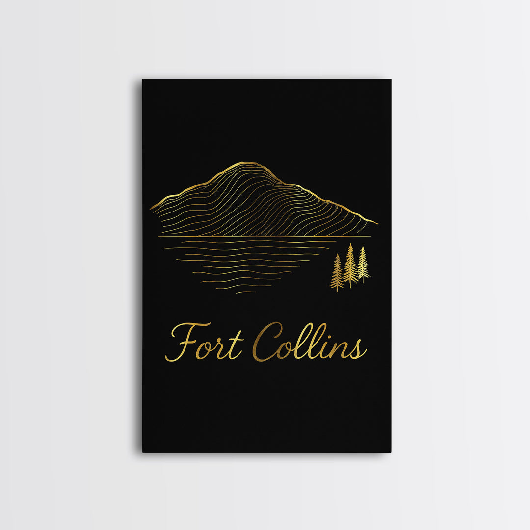 Fort Collins Travel Poster, Canvas Print, Gold Outline Poster Art, Fort Collins Art Print, Travel Wall Art, Travel Wall Decor, Design 4
