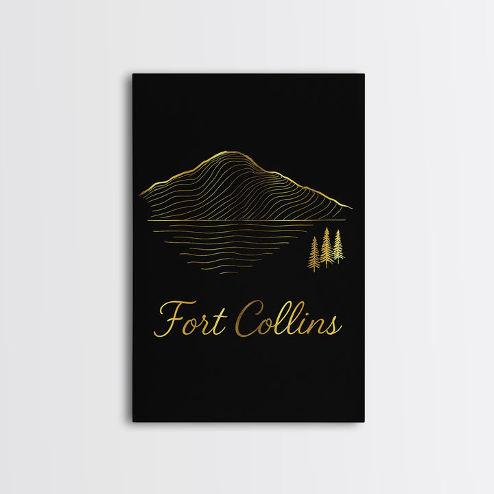 Fort Collins Travel Poster, Canvas Print, Gold Outline Poster Art, Fort Collins Art Print, Travel Wall Art, Travel Wall Decor, Design 4