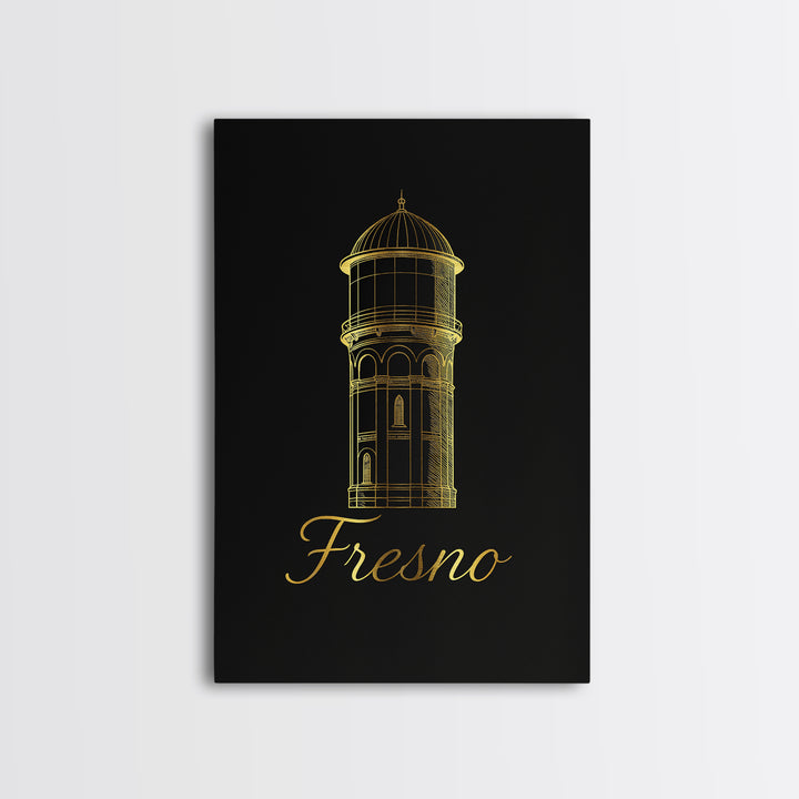 Fresno Travel Poster, Canvas Print, Black Gold Minimalist Art, Fresno City Art, Retro Travel Print, Vintage City Art, Vintage Travel Art