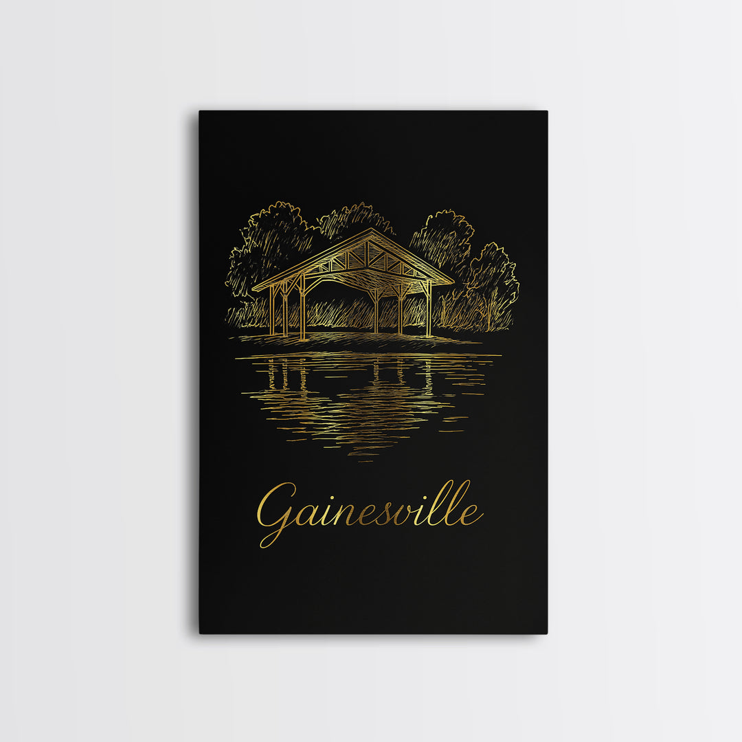 Gainesville Travel Poster, Framed Canvas Print, Minimalist Gold Line Art, Gainesville Travel Art, Wanderlust Decor, Modern Wall Decor