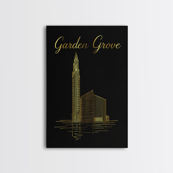 Garden Grove Travel Poster, Canvas Print, Black Gold Minimalist Art, Garden Grove Poster Print, Mid Century Wall Art, Travel Wall Art