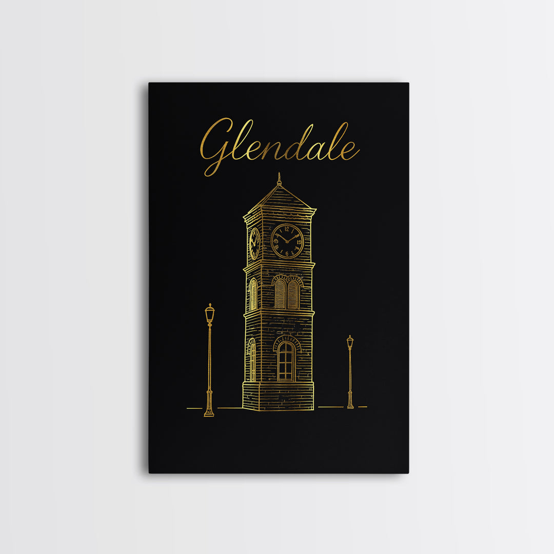 Glendale Travel Poster, Framed Canvas Print, Gold Outline Poster Art, Glendale Wall Art, Retro Travel Print, Wanderlust Decor, Wall Art