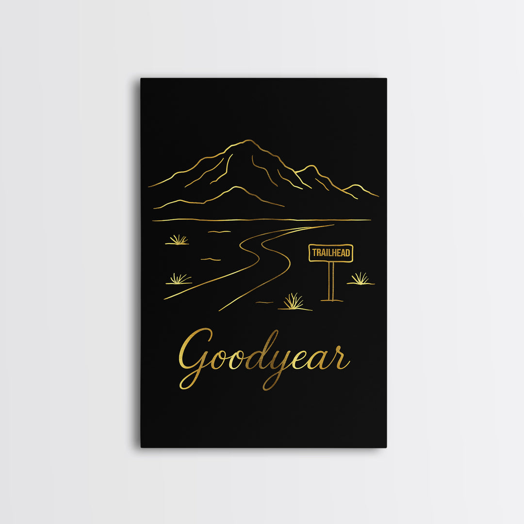 Goodyear Travel Poster, Framed Canvas Print, Gold Outline Poster Art, Goodyear Travel Art, Mid Century Wall Art, Vintage Travel Art